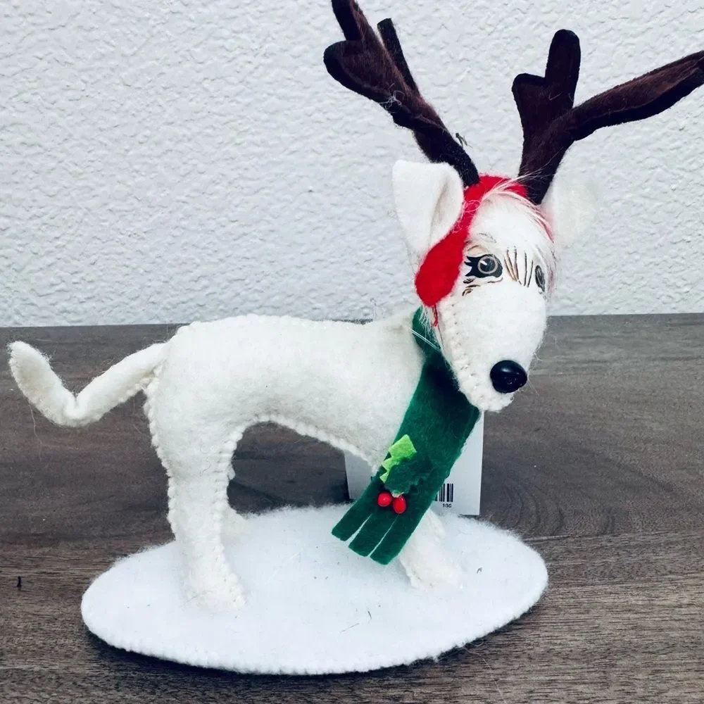 Annalee Christmas Holiday Reindeer Pup White Dog Figurine